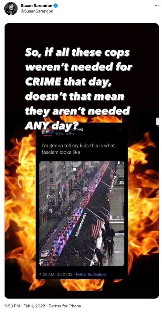 Susan Sarandon tweet compared NYPD funeral to fascism